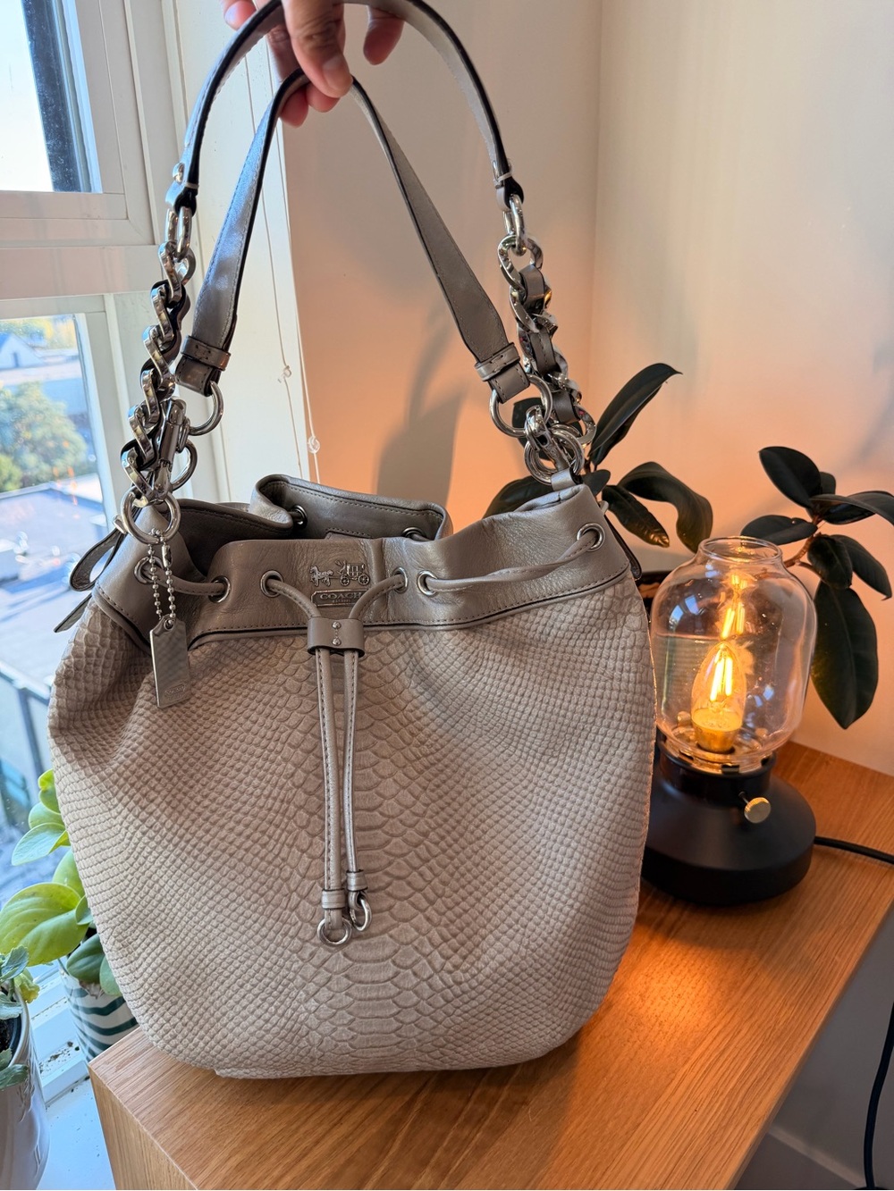 🩶Coach 2011 🔥Madison Taupe Drawstring Hobo with Chain-Link Straps